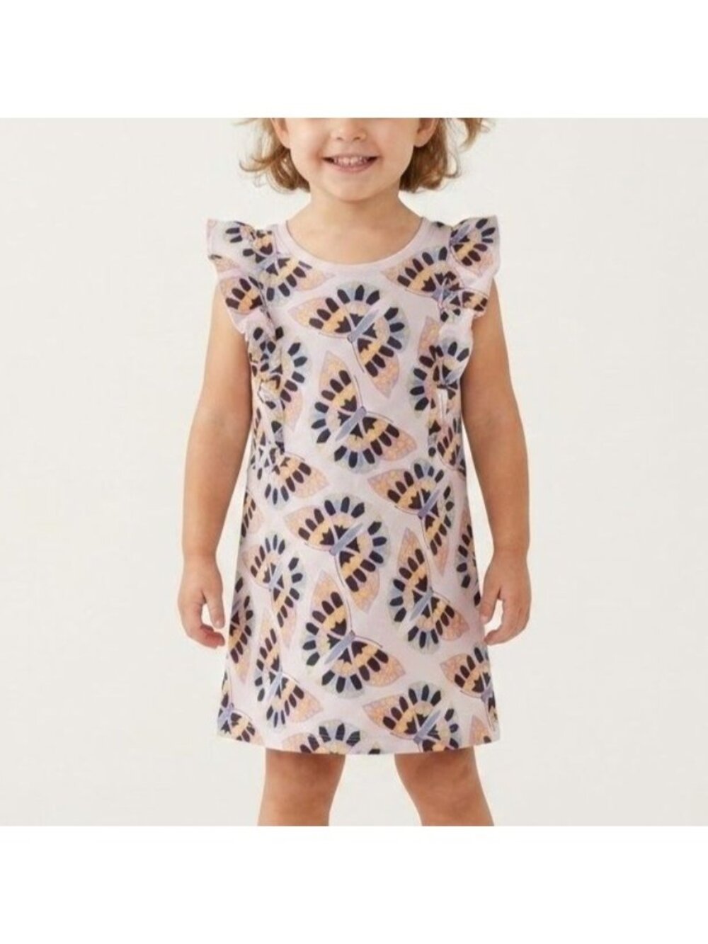Tea Collection Girls Size 3 Pink Butterfly Print Cotton Ruffle Sleeve Dress
